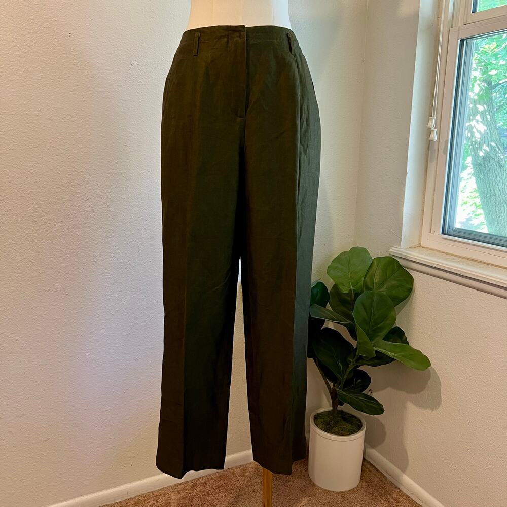 Kate Hill Dark Green Linen High Rise Relaxed Fit Trouser Pants Size 12